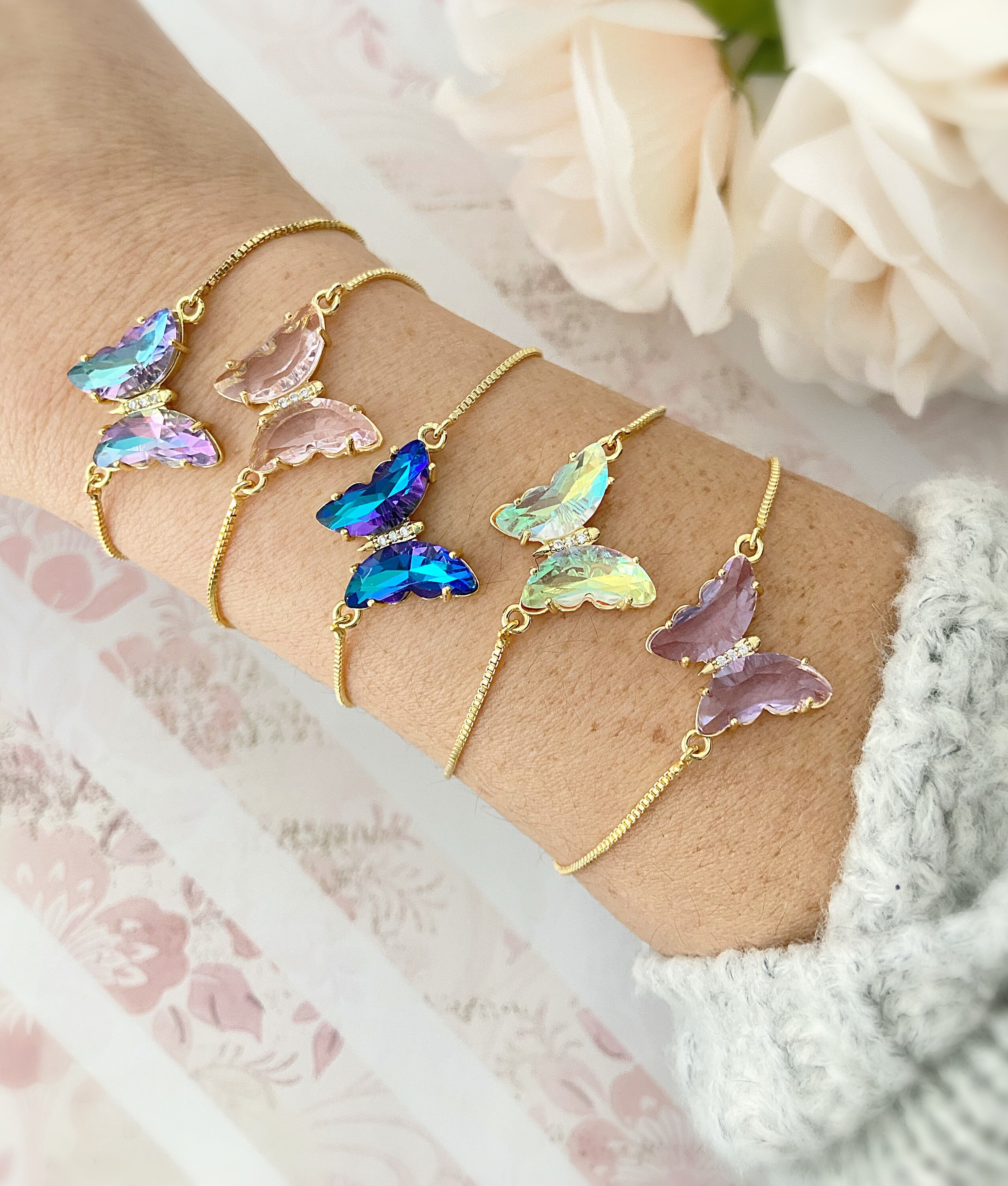 Butterfly + Crystal Flex Cuff Bracelet, April Butterfly