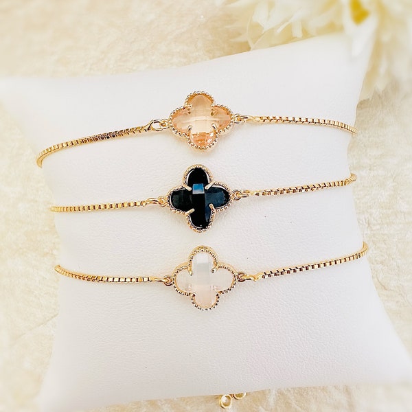 Clover Bracelet, Crystal Clover Charm Bracelet, Gold Adjustable Bracelet, Designer Inspired Bracelet, Flower Bracelet, Gift for Her