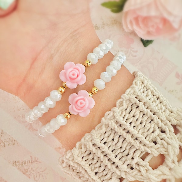 Rose Bracelet, Crystal Bracelet,Pink Rose Bracelet, Floral Jewelry, Preppy Bracelet, Gift for Her, Aesthetic Floral Bracelet