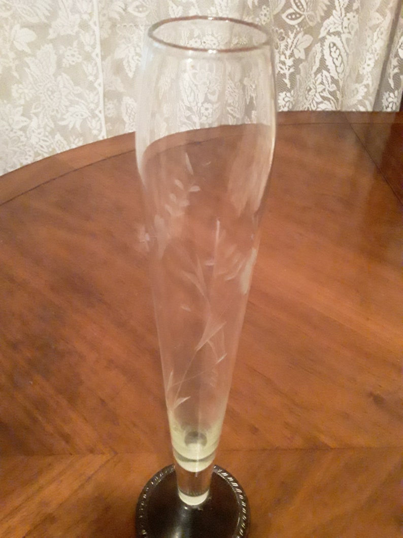 Duchin Creations Vintage 1960s Etched Glass Bud Vase with Sterling Silver Weighted Base