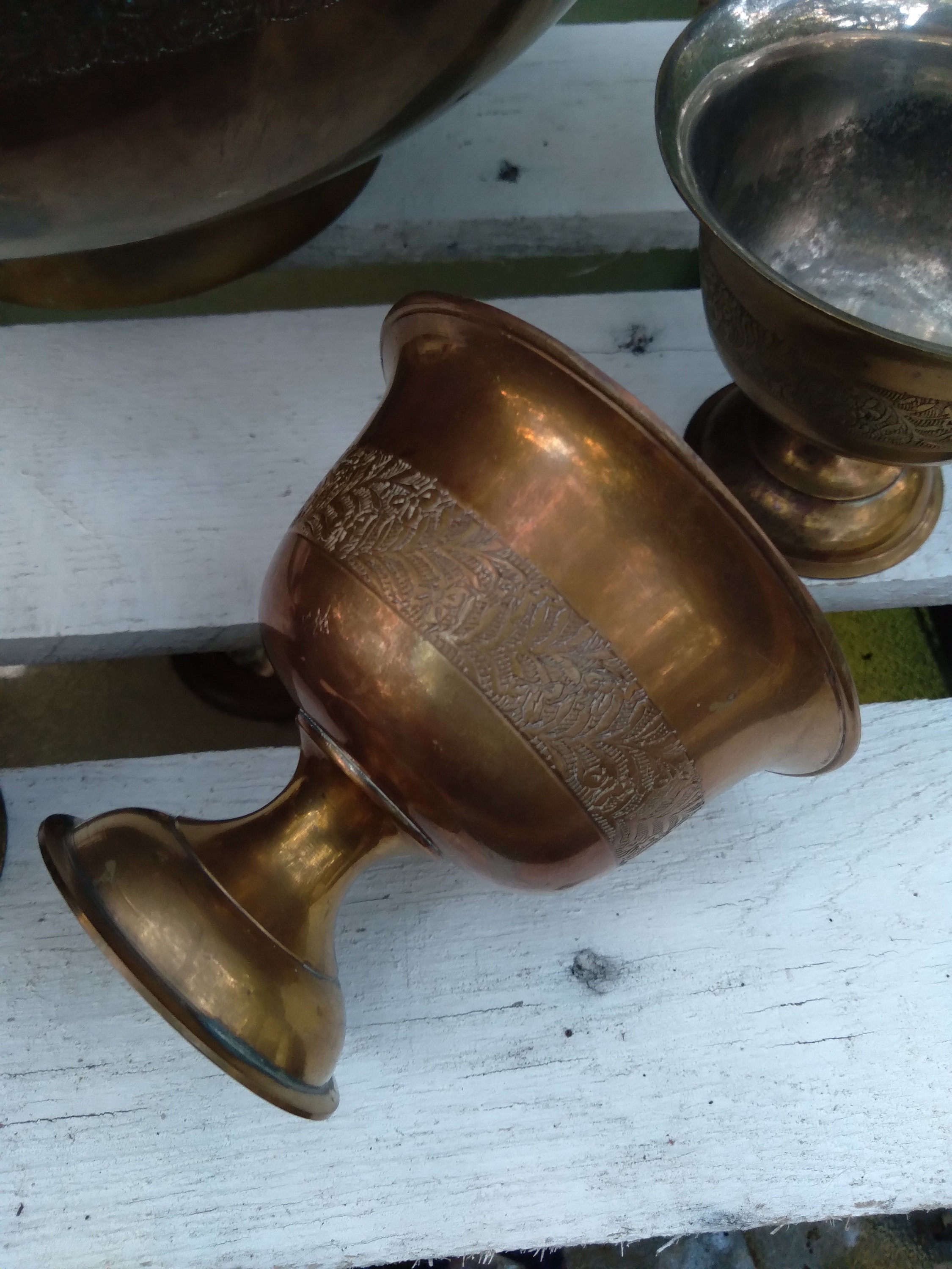 Vintage Antique Brass Punch Bowl and Goblet Set, Brass Ladle, Etched