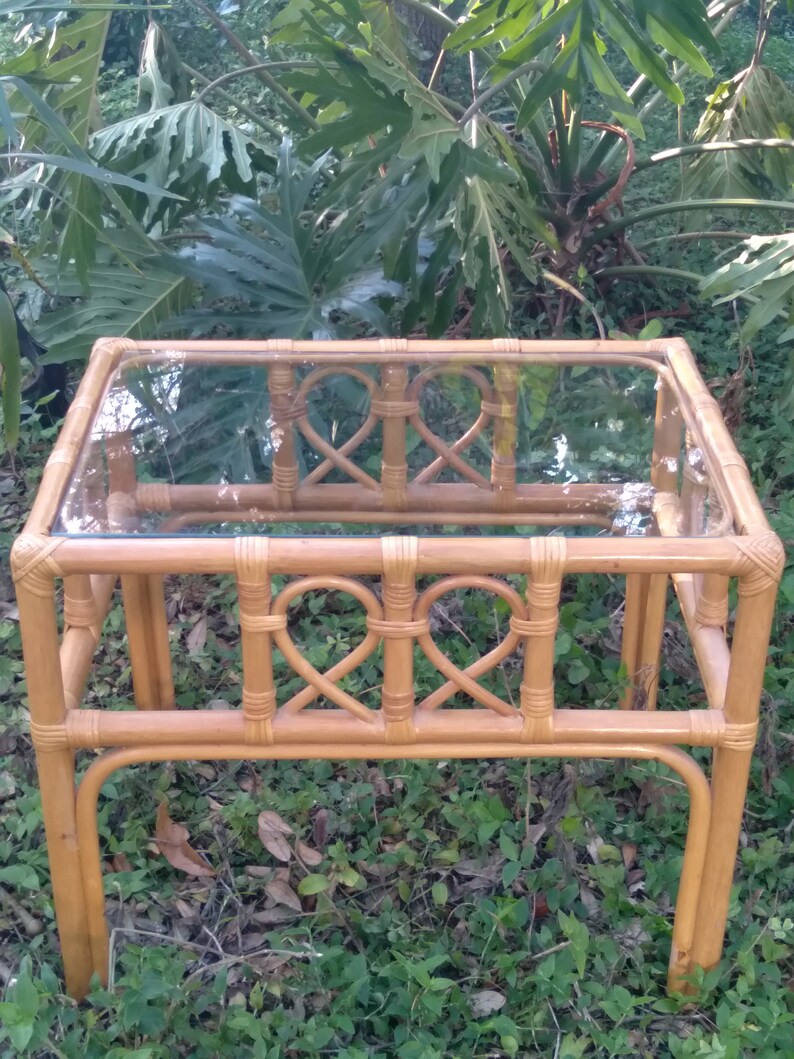 Vintage Bamboo Glass Top Table, Bamboo End Table, Side Table, Bamboo