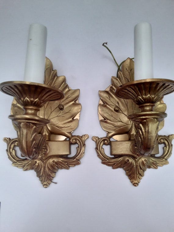 Heavy Gold Tone Bronze Wall Sconce Lamps Ornate Leaf Electric - Gold Tone Candle Wall Sconces Heavy Gold Tone Bronze Wall Sconce Lamps Ornate Leaf Electric - Gold Tone Candle Wall Sconces