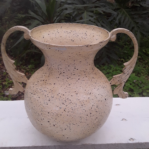 Speckled Metal Flower Pot Vase with Riveted Handles Made in India.