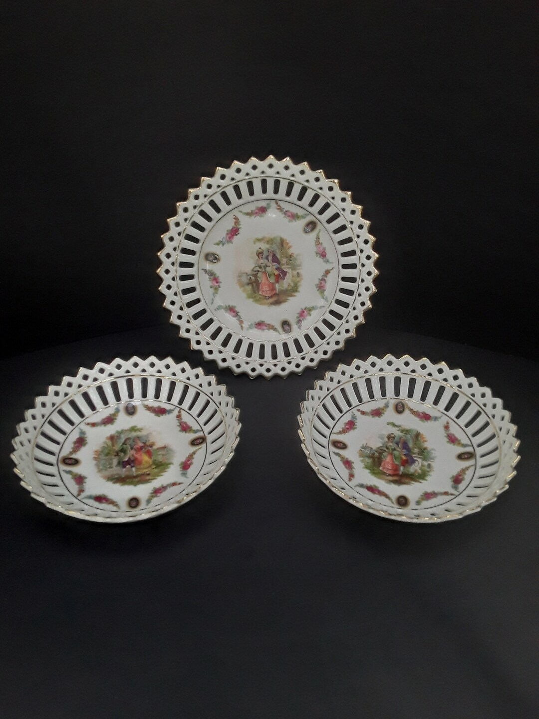 German Bone China Lace Plate and Two Trinket Dishes, Vintage Porcelain