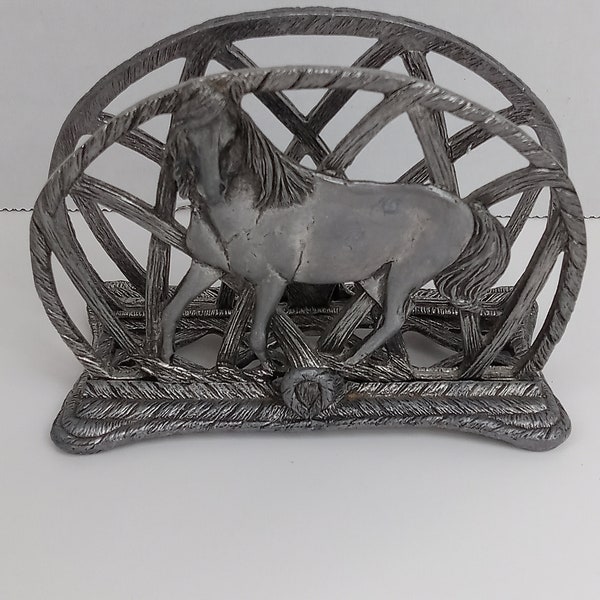 Vintage Metzke Pewter Horse Metal Napkin, Letter, Card Holder USA