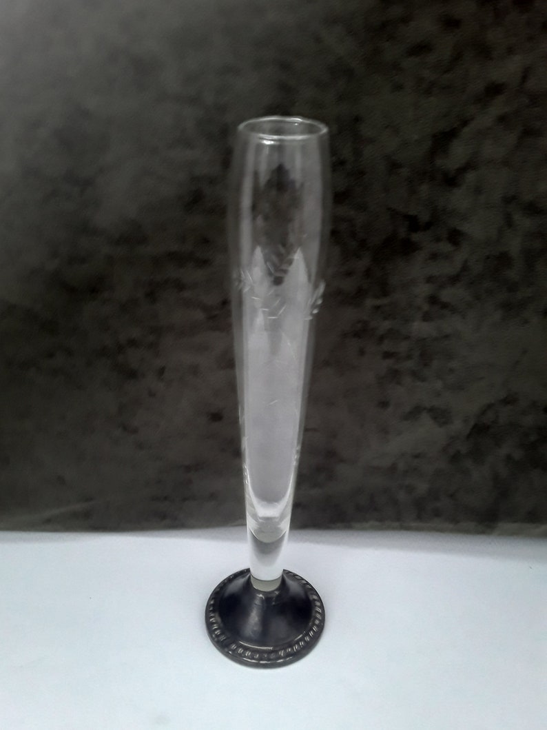 Duchin Creations Vintage 1960s Etched Glass Bud Vase with Sterling Silver Weighted Base
