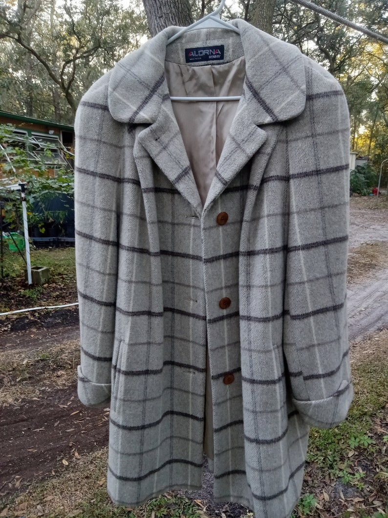 Vintage 80s Alorna Spring Coat Gray w/Black Art Deco Style Trim / XL