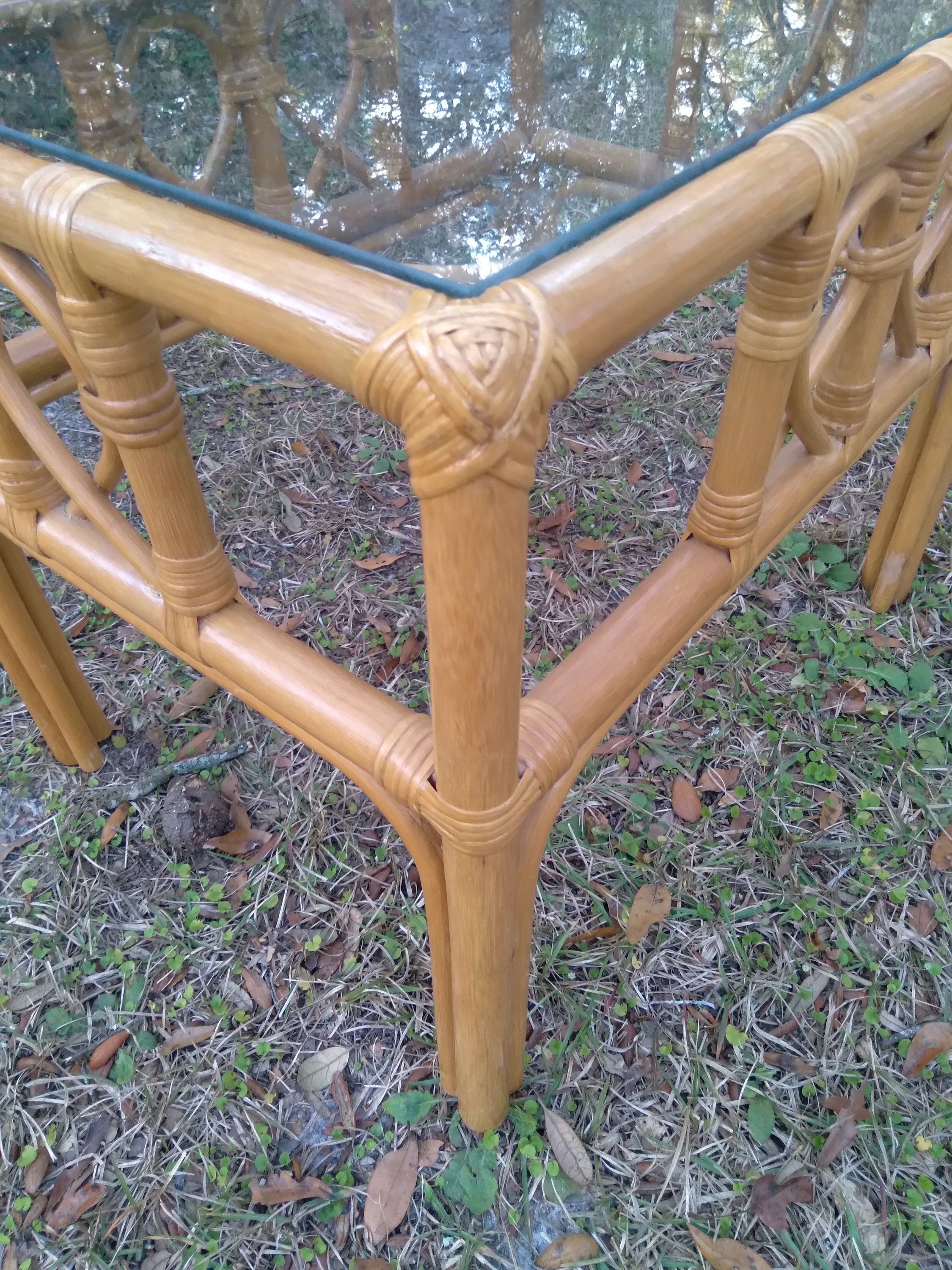 Vintage Bamboo Glass Top Table, Bamboo End Table, Side Table, Bamboo