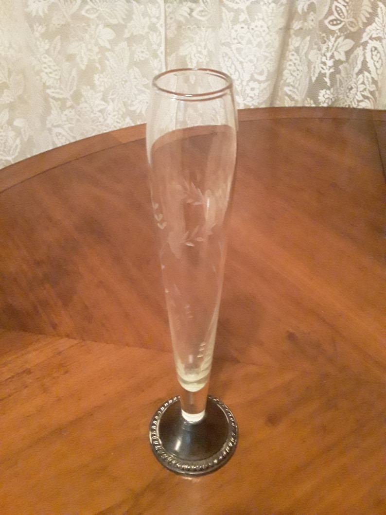 Duchin Creations Vintage 1960s Etched Glass Bud Vase with Sterling Silver Weighted Base