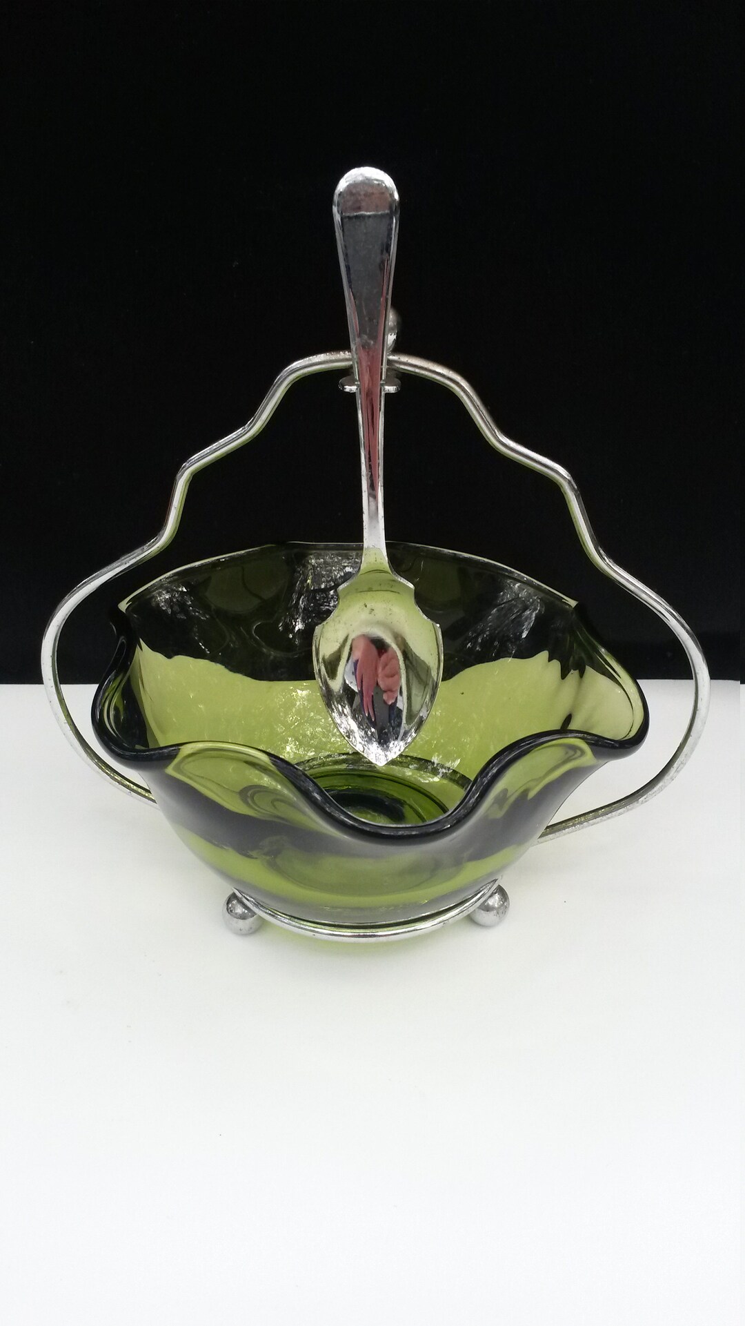 Vintage Condiment Dish With Silver Caddy and Hanging Spoon Etsy