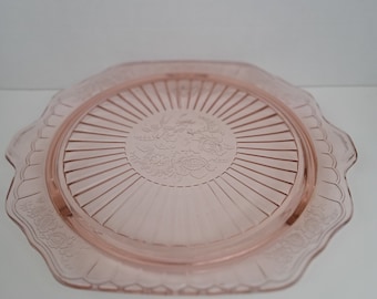 Anchor Hocking Mayfair Open Rose Cake Stand. Vintage Pink Depression Glass Footed Cake Plate.