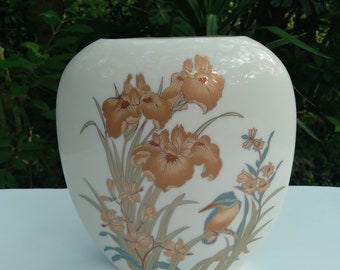 Japanese Vase, Shimmering Flowers Bird Vase, Hand Painted Vase, Pillow Vase, Porcelain Vase, Vintage Japan