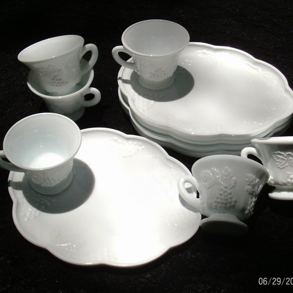 Vintage Colony,Harvest Grape White Milk Glass Snack Tray with Cup, Milk Glass Plate and Teacup, Set of 6,Showers,Weddings,Tea Time