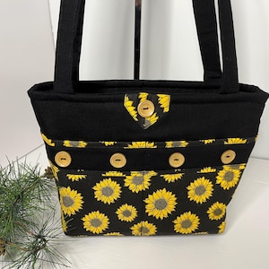 Fall Sunflower Purse, Black Purse,Medium Bag, Multiple Pockets, Top Zipper Closure,  Shoulder Strap, Homemade Fabric Bag