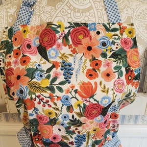 Women's Apron,  Apron Made With Rifle Paper Co Fabric, Floral Apron, Rifle Paper Co Garden Party Fabric, Cottage Kitchen, Ladies Apron