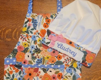 Girls Apron,  Rifle Paper Co Fabric, Chef Hat,  Montessori Apron, Child Apron, Childrens Apron, Kids Apron, Toddler Apron, Art Smock