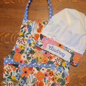 Girls Apron,  Rifle Paper Co Fabric, Chef Hat,  Montessori Apron, Child Apron, Childrens Apron, Kids Apron, Toddler Apron, Art Smock