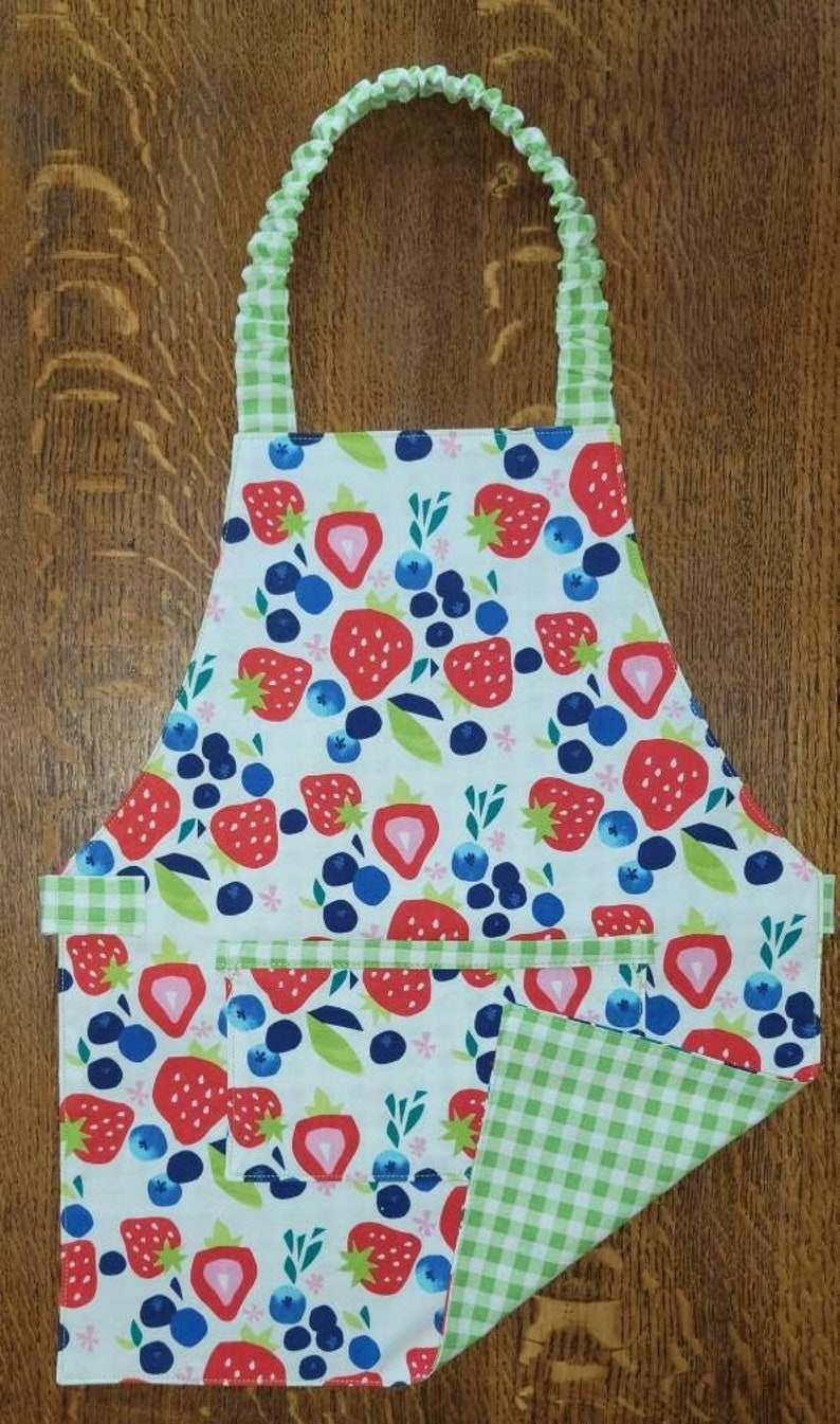 Toddler Apron, Boys Apron, Girls Apron, Strawberries, Blueberries, Montessori Apron, Reversible Apron, Kid's Apron, Gift for Kids, Cooking image 1