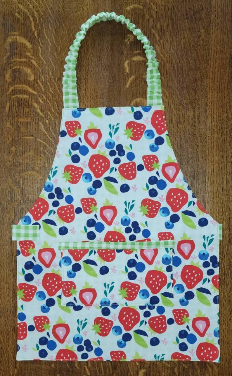 Toddler Apron, Boys Apron, Girls Apron, Strawberries, Blueberries, Montessori Apron, Reversible Apron, Kid's Apron, Gift for Kids, Cooking image 2