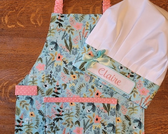 Girls Apron, Rifle Paper Co Fabric,  Montessori Apron, Chef Hat, Childs Apron, Children&#39;s Apron, Kid&#39;s Apron, Toddler Apron, Handmade Apron