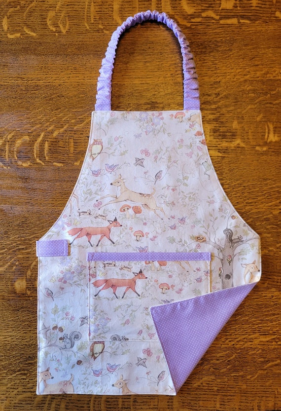 Girls Apron, Toddler Apron, Children's Apron, Montessori Apron, Reversible Apron, Kids Apron, Woodland Forest Animal, Apron for Child