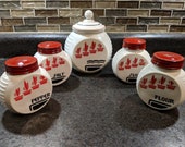 Vitrock Flower Pot Range Set 5 pc Red White Vintage Sugar Flour Salt Pepper
