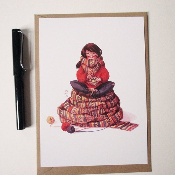 Knitting Girl DIN A5 laserprint 15 x 21 cm from my watercolor illustration