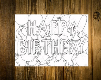 Printable Card To Colour In Happy Birthday With Balloons Hand Drawn Design Making Create Your Own Cute Instant Download