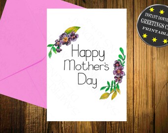 Printable Card, Mothers Day Flowers, Downloadable Mothers Day Card, Mom, Mum, Digital Greetings Card, Water Colour Card to print, Happy