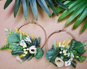 Faux Floral Wreath Hoop Earrings. Ivory Peony Wreath Hoop Earrings. Plant Jewelry. Plant Lover. Floral Hoop Bouquet Earrings. Plant Earrings