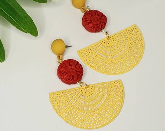 Red and Yellow Earrings. Statement Earrings. Red Gold Earrings. Yellow Earrings. Bold Earrings. Dangle Earrings. Drop Earrings.