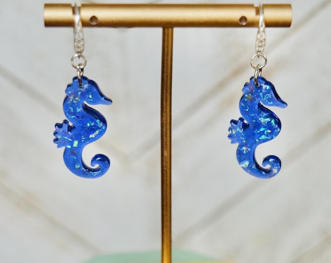 Iridescent Blue Seahorse Dangle Earrings | Ocean Jewelry
