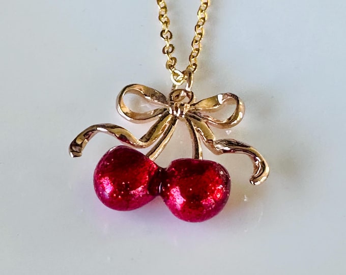Cherry Bow Necklace | 18k Gold Plated Chain, Kawaii Jewelry