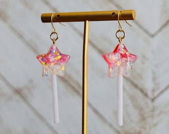 Handmade Star Confetti Earrings | Rainbow Glitter Lollipop Style, Kawaii Accessories