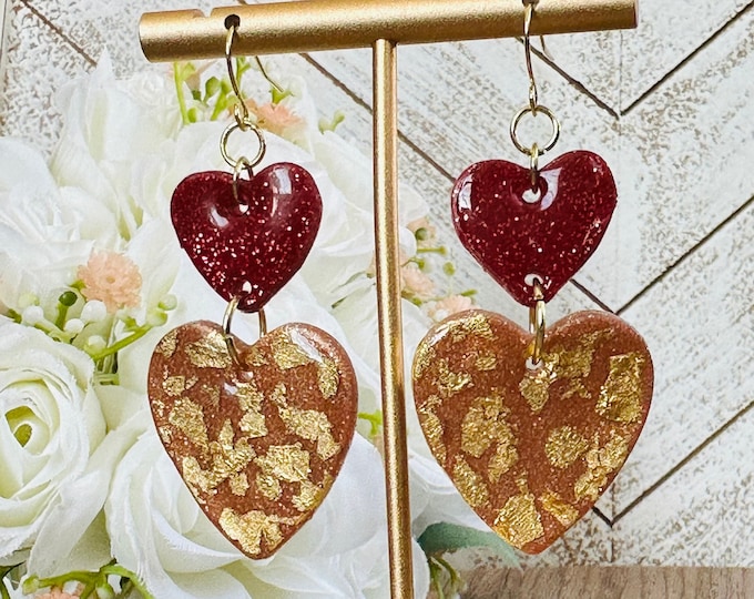Dual Heart Earrings | Red & Rose Gold Polymer Clay Dangle Jewelry | Cute Layered Statement Gift for Her | Handmade Accessory