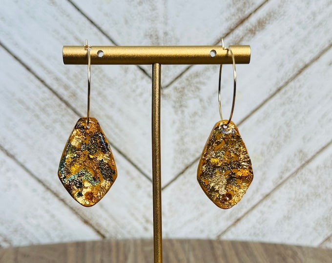 Rhombus Golden Flaked Earrings | Resin & Polymer Clay Dangle Jewelry | Cute Statement Gift for Her | Handmade Everyday Accessory