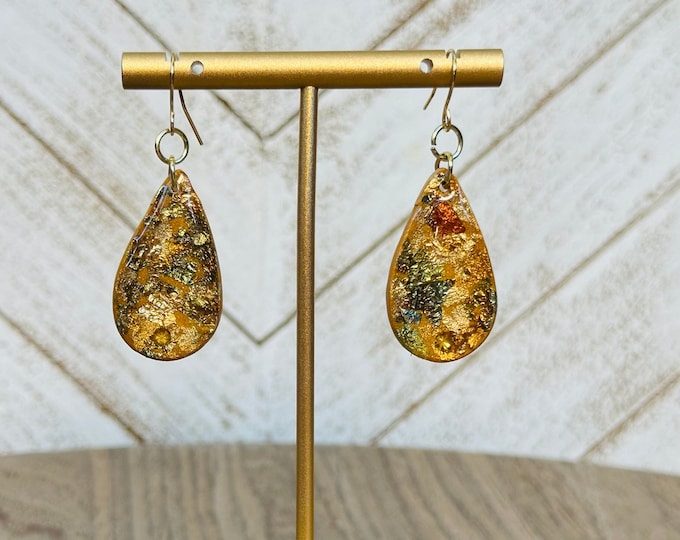Teardrop Gold Fleck Earrings | Resin & Polymer Clay Stud Jewelry | Cute Statement Gift for Her | Handmade Everyday Accessory