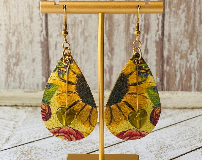 Faux Leather Sunflower Dangle Earrings | Lightweight Boho Jewelry