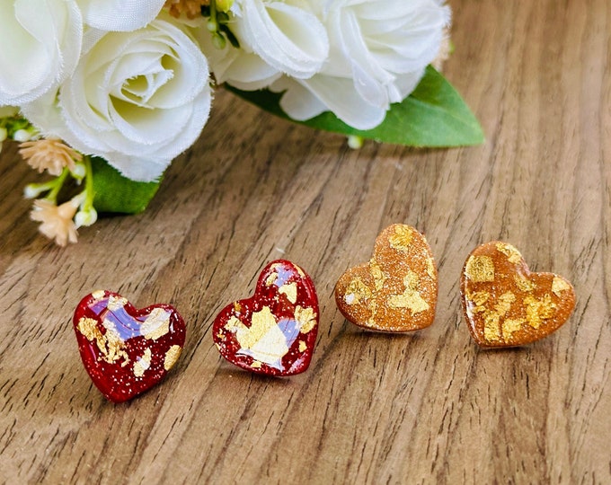 Gold Flecked Heart Stud Earrings | Resin & Polymer Clay Jewelry | Cute Statement Gift for Her | Valentine’s or Everyday Accessory