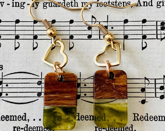 Wood & Green Glass Dangle Earrings | Heart Accent, Boho Jewelry
