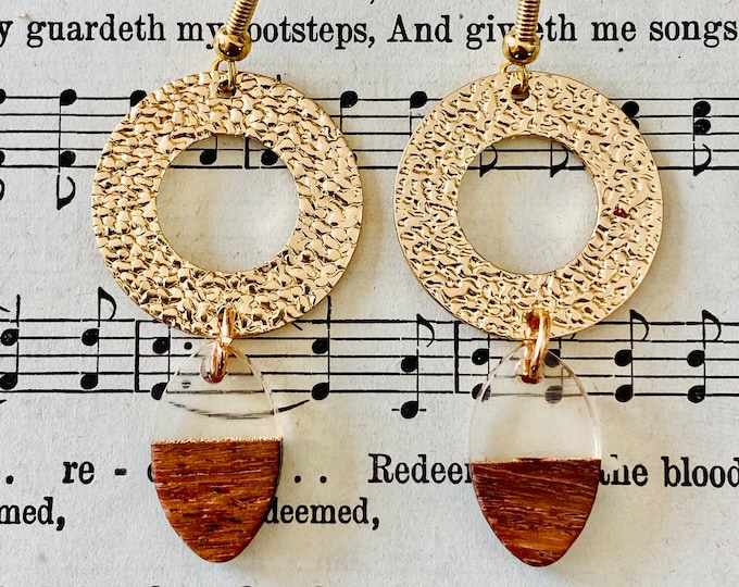 Wood and Glass Dangle Earrings | Gold Geometric Hoops