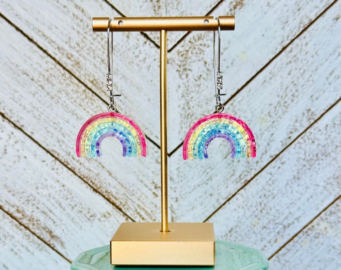 Glitter Rainbow Earrings | Colorful Resin Dangle Jewelry | Fun Statement Gift for Her | Summer & Festival Accessory