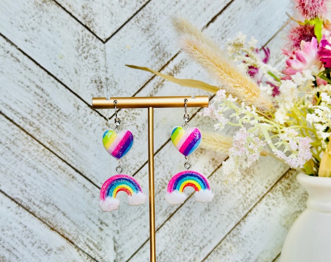Rainbow Heart Pride Earrings | Glitter Dangle Jewelry | Cute Statement Gift for Her | LGBTQ+ Festival Accessory