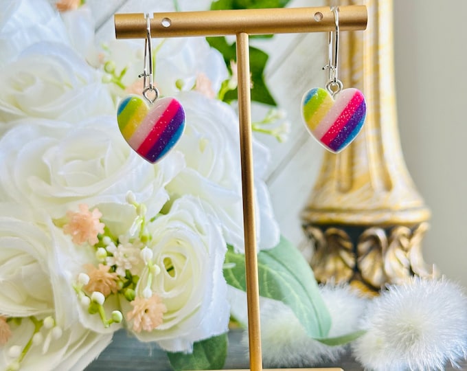 Rainbow Heart Earrings | Colorful Dangle Jewelry | Cute Statement Gift for Her | Fun Summer & Festival Accessory