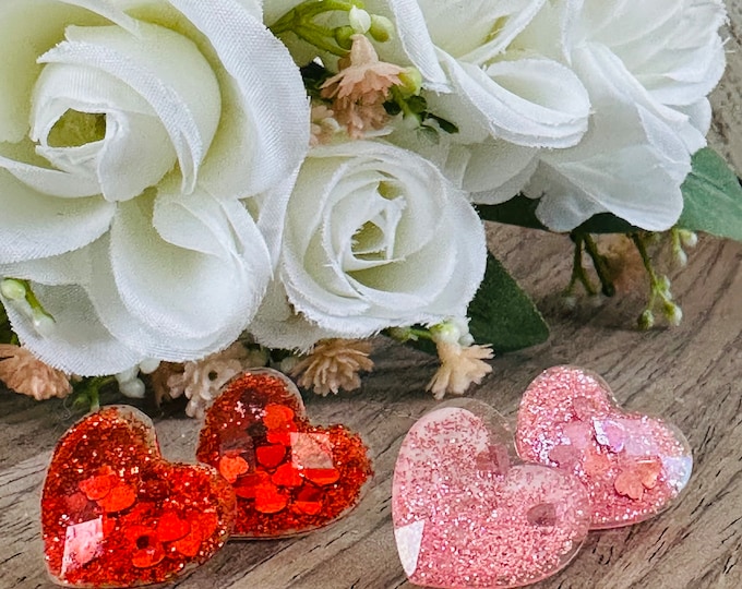 Love Glitter Heart Stud Earrings | Cute Resin Stud Jewelry | Fun Statement Gift for Her | Valentine’s or Everyday Accessory