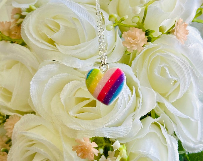 Rainbow Heart Necklace | Colorful Resin Pendant Jewelry | Cute Statement Gift for Her | Fun Pride, Summer & Festival Accessory