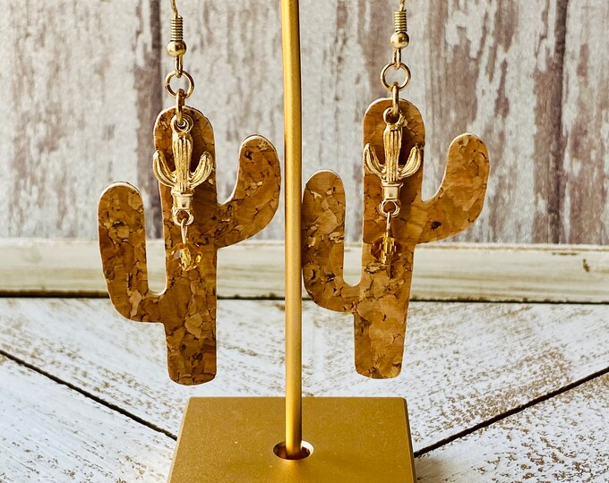 Cork Cactus Dangle Earrings | Gold Tone Desert Jewelry
