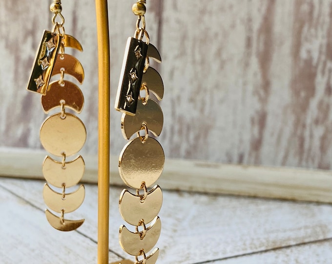 Golden Moon Phase Dangle Earrings | Celestial Statement Jewelry