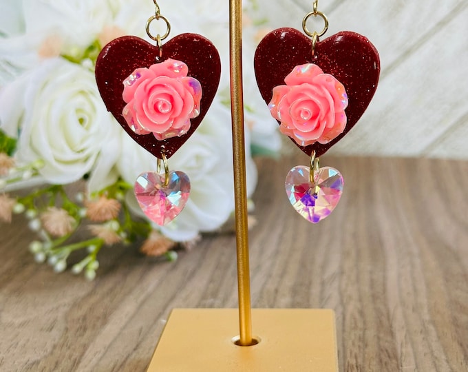 Rose Heart Earrings | Pink Polymer Clay & Resin Dangle Jewelry | Cute Boho Statement Gift for Her | Handmade Accessory